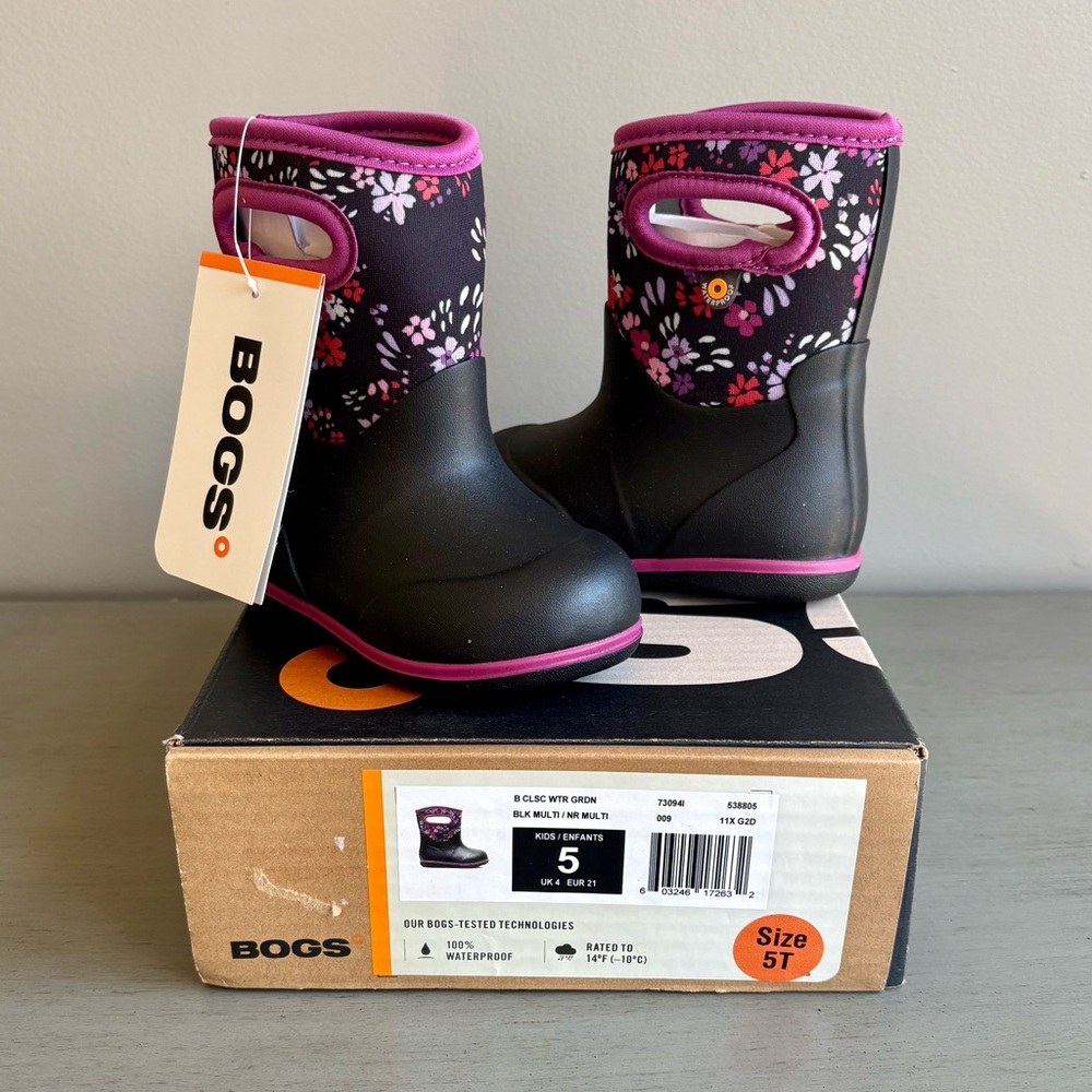 Bogs Kids Black Pink Floral Rain Snow Mud Play Boots Toddler 5T Waterproof  NEW - Picture 4 of 15